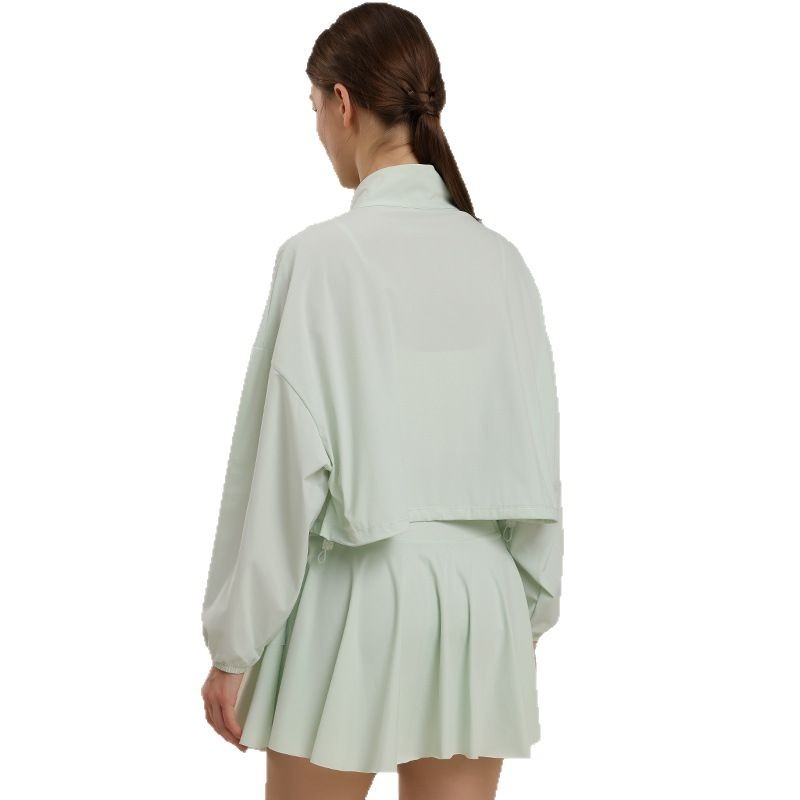 Σετ γιόγκα: ζακέτα-φούστα, διαπνοή νάιλον, UV-ανθεκτικό, γρήγορο στέγνωμα, υψηλός λαιμός, τσέπες, μακριά μανίκια, μήκος μανικιού 55–60 cm, μήκος φούστας 34–37 cm