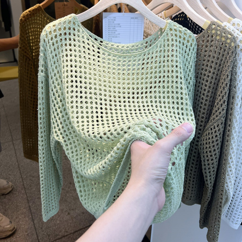 Slobodan kroj, dugi rukav mrežasti pleteni top, smjesa poliestera i spandeksa, duljina 50–65 cm, pulover stil