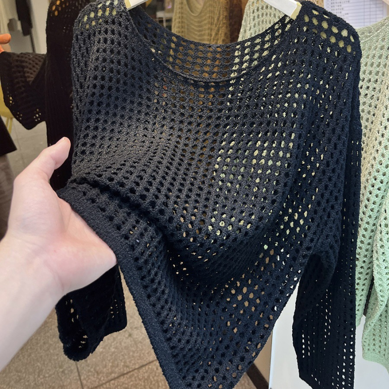 Slobodan kroj, dugi rukav mrežasti pleteni top, smjesa poliestera i spandeksa, duljina 50–65 cm, pulover stil