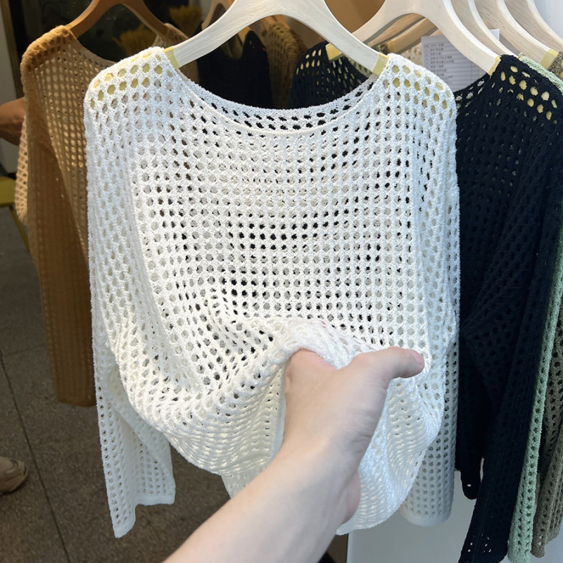 Slobodan kroj, dugi rukav mrežasti pleteni top, smjesa poliestera i spandeksa, duljina 50–65 cm, pulover stil