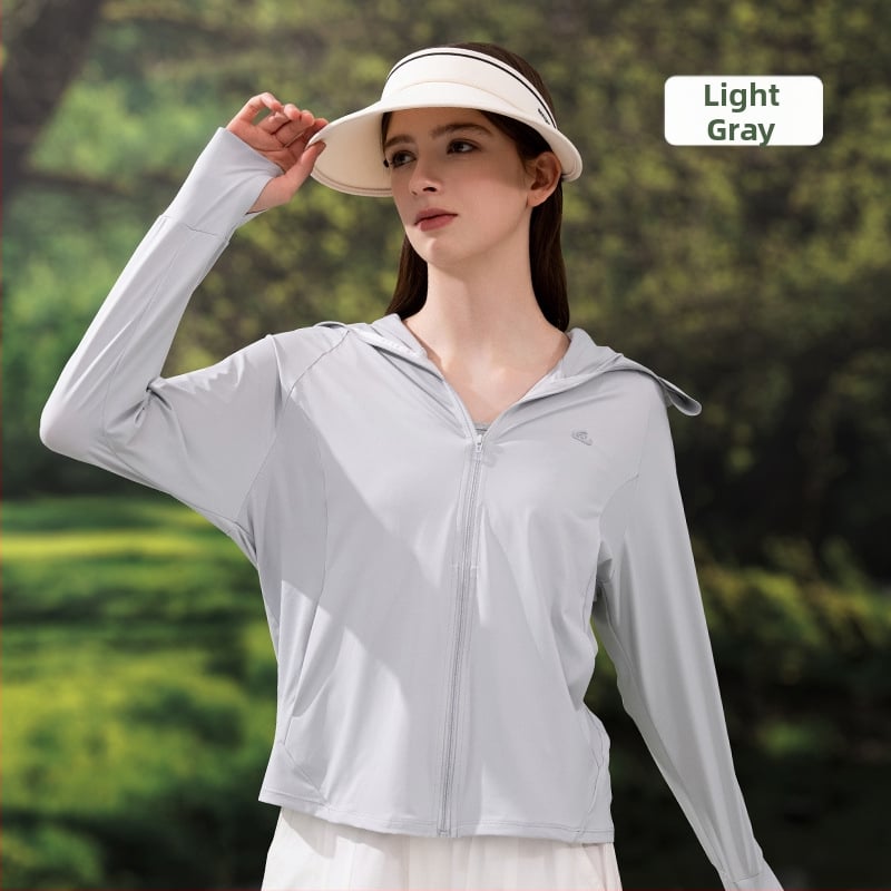 Jachetă cu glugă din mătase de gheață pentru protecția solară — ultra-ușoară, uscare rapidă, respirabilă, UPF50+