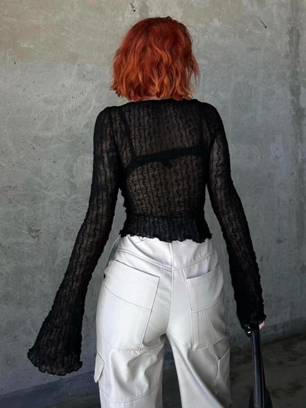 Ženska mrežasta čipkasta bluza – uski kroj, dugi rukavi, kratka duljina, mrežasti materijal, stil commuter wind