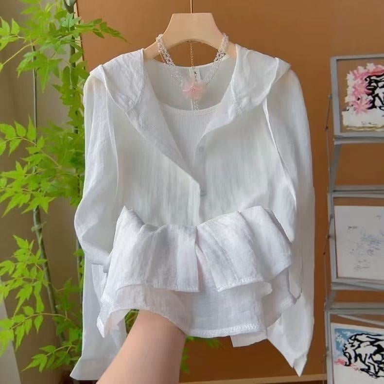 Ženska kapuljačasta košuljasto-jakna za zaštitu od sunca, lagana Vinylon tkanina, šalovski ovratnik, UPF30+, 3/4 rukav, Harajuku japansko-korejski ležerni stil
