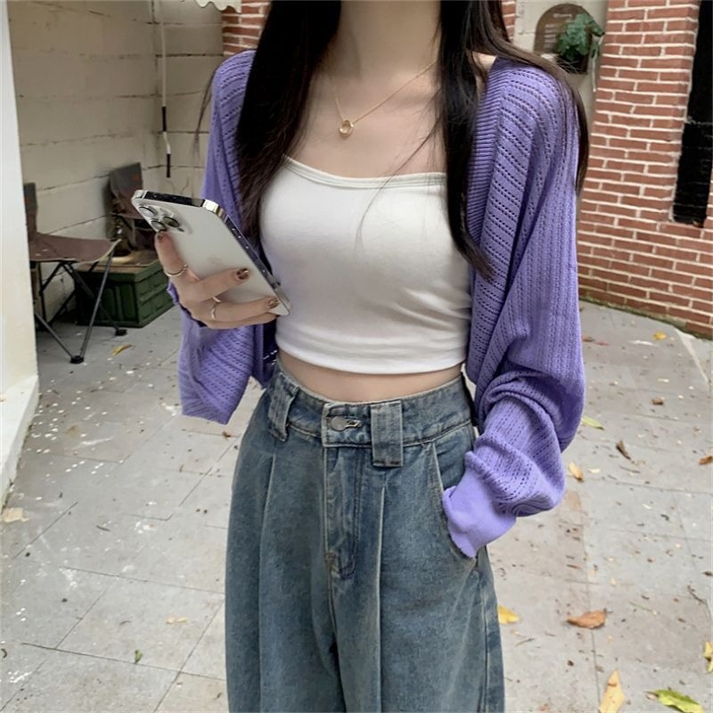 Cardigan tricotat cu mâneci bat, lungime scurtă, culoare solidă, tricot din spandex–viscoză, primăvara 2025