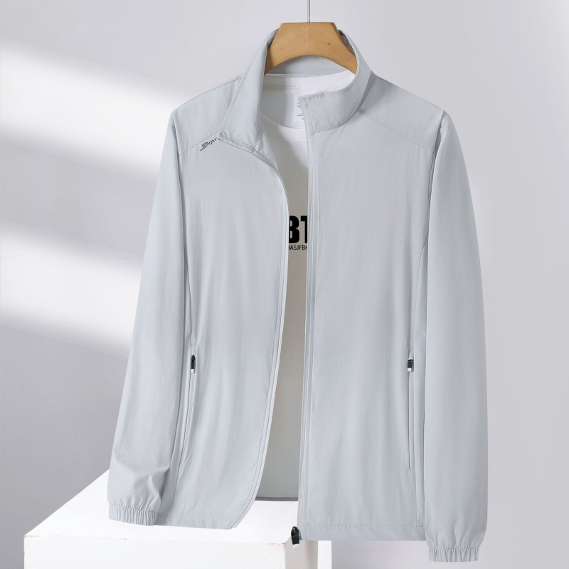 Unisex vanjska windbreaker jakna s UPF50+ zaštitom od sunca, brzo se suši, prozračan materijal, 90% najlon, 10% spandeks, bez kapulje, stojeći ovratnik
