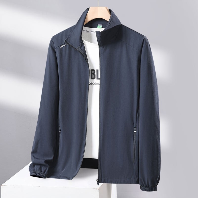 Unisex vanjska windbreaker jakna s UPF50+ zaštitom od sunca, brzo se suši, prozračan materijal, 90% najlon, 10% spandeks, bez kapulje, stojeći ovratnik