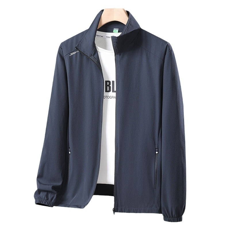 Unisex vanjska windbreaker jakna s UPF50+ zaštitom od sunca, brzo se suši, prozračan materijal, 90% najlon, 10% spandeks, bez kapulje, stojeći ovratnik