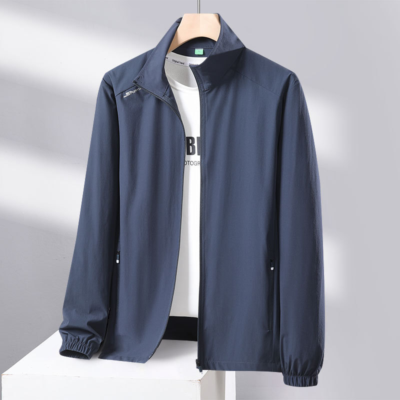 Unisex vanjska windbreaker jakna s UPF50+ zaštitom od sunca, brzo se suši, prozračan materijal, 90% najlon, 10% spandeks, bez kapulje, stojeći ovratnik