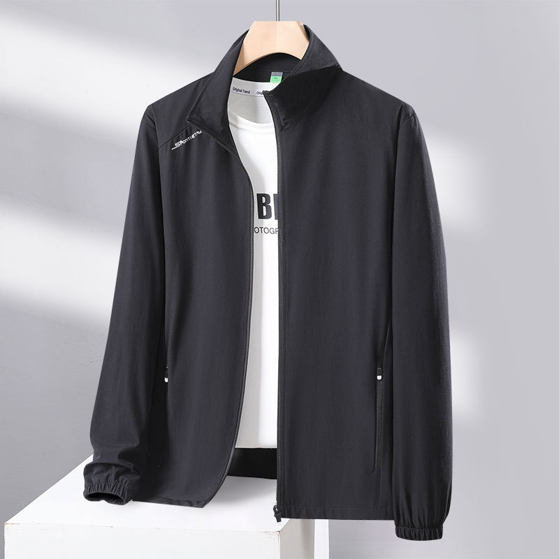 Unisex vanjska windbreaker jakna s UPF50+ zaštitom od sunca, brzo se suši, prozračan materijal, 90% najlon, 10% spandeks, bez kapulje, stojeći ovratnik