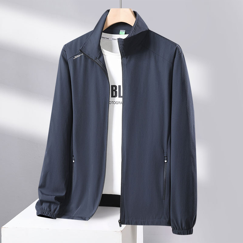 Unisex vanjska windbreaker jakna s UPF50+ zaštitom od sunca, brzo se suši, prozračan materijal, 90% najlon, 10% spandeks, bez kapulje, stojeći ovratnik