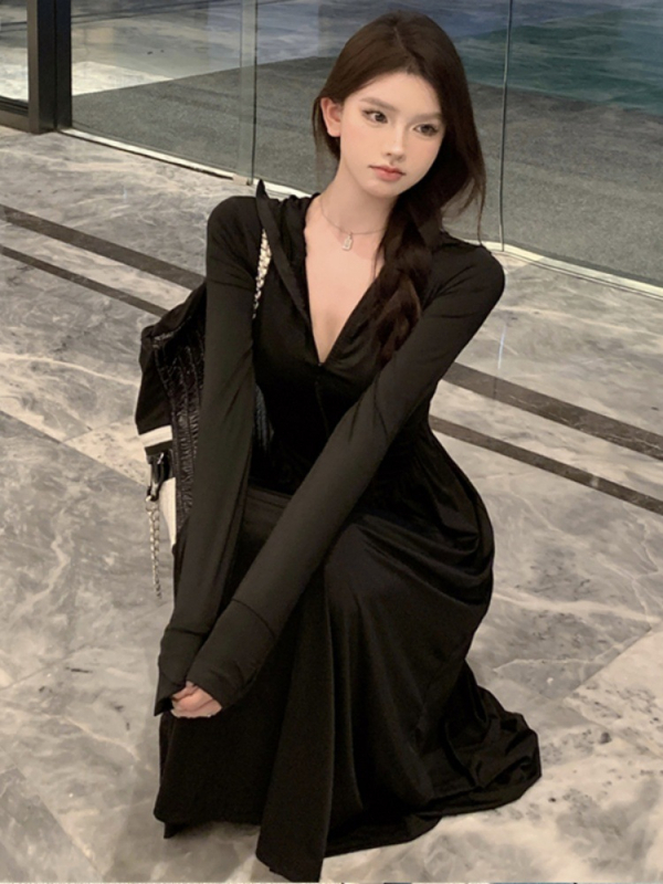 rochie din nylon cu protecție solară, croi slim, mâneci lungi cu glugă, lungime extinsă, UPF50+