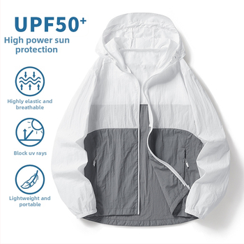 Nylon anyagú kültéri széldzseki, uniszex, UPF50+ UV védelem, kapucnival, hosszú szabású, légáteresztő