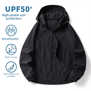 Nylon anyagú kültéri széldzseki, uniszex, UPF50+ UV védelem, kapucnival, hosszú szabású, légáteresztő