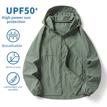 Nylon anyagú kültéri széldzseki, uniszex, UPF50+ UV védelem, kapucnival, hosszú szabású, légáteresztő