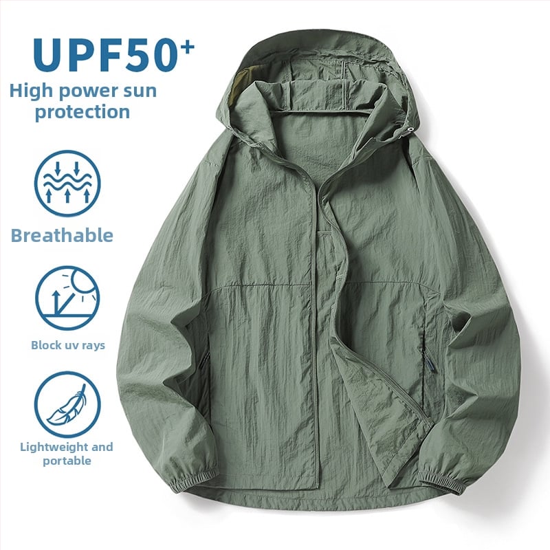 Nylon anyagú kültéri széldzseki, uniszex, UPF50+ UV védelem, kapucnival, hosszú szabású, légáteresztő
