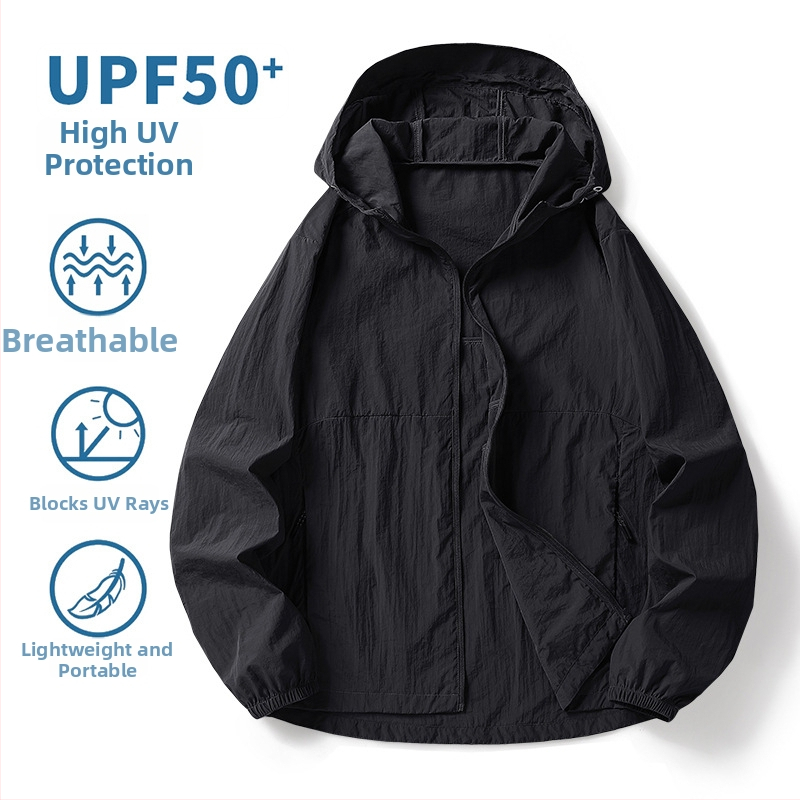Nylon anyagú kültéri széldzseki, uniszex, UPF50+ UV védelem, kapucnival, hosszú szabású, légáteresztő
