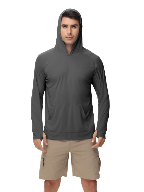 Tricou cu glugă UV-protecție, mâneci lungi, gaură pentru degetul mare — poliester, UPF50+, pentru alergare în aer liber