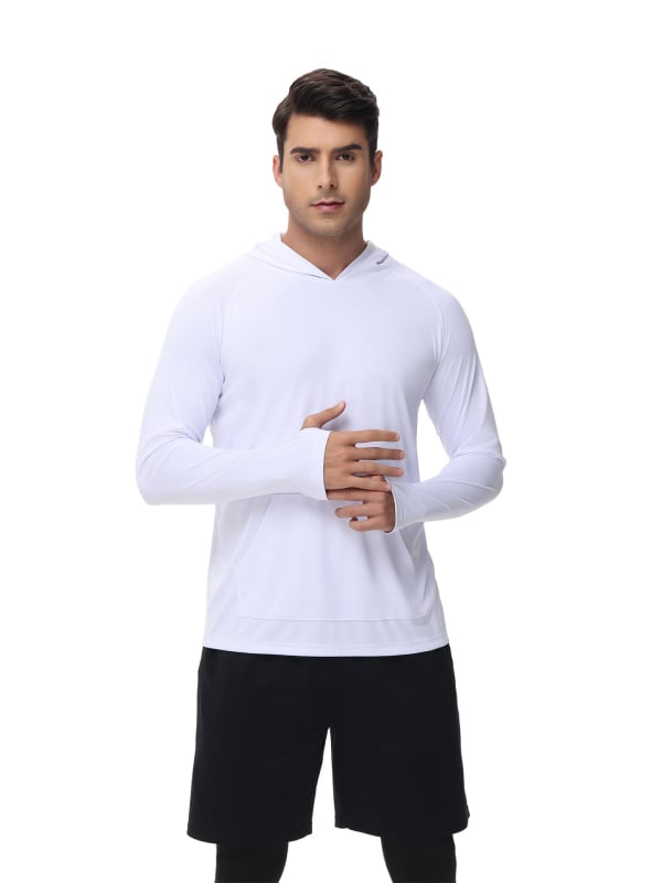 Tricou cu glugă UV-protecție, mâneci lungi, gaură pentru degetul mare — poliester, UPF50+, pentru alergare în aer liber