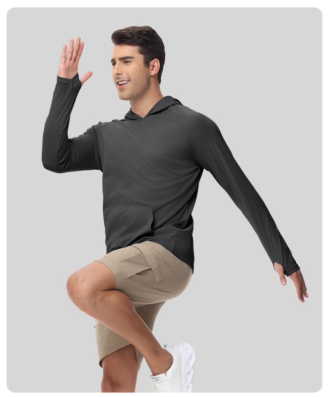 Tricou cu glugă UV-protecție, mâneci lungi, gaură pentru degetul mare — poliester, UPF50+, pentru alergare în aer liber