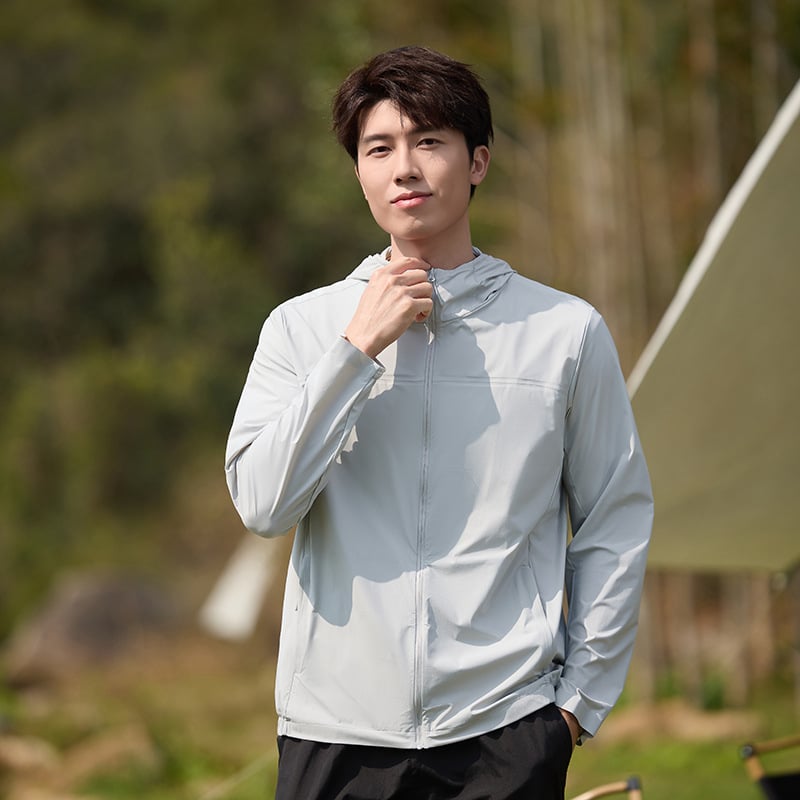 Geacă de exterior din nylon, fibră brută; protecție UV UPF50+; uscare rapidă, respirabilă, rezistentă la vânt; cu glugă; unisex