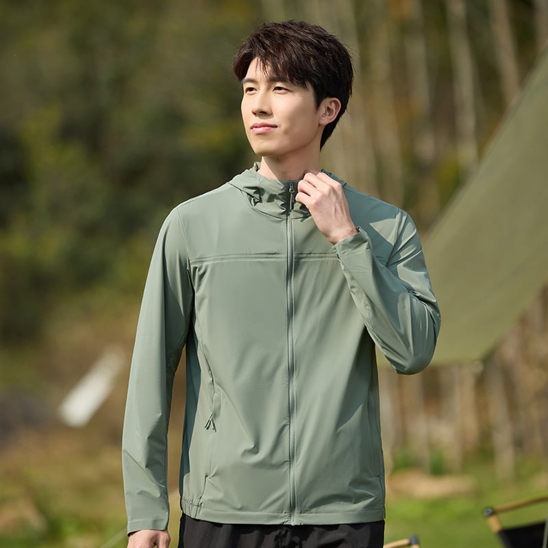 Geacă de exterior din nylon, fibră brută; protecție UV UPF50+; uscare rapidă, respirabilă, rezistentă la vânt; cu glugă; unisex