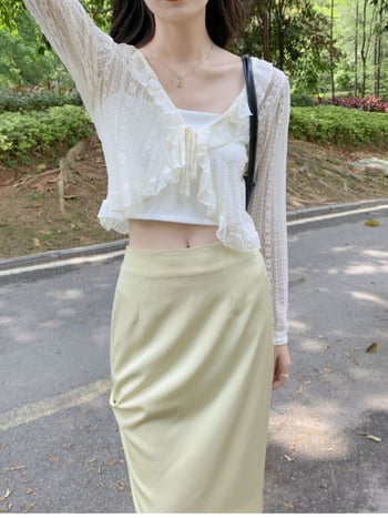 Bluza-cardigan din dantelă subțire pentru vară, poliester 95%+, lungime scurtă 40–50 cm, mâneci lungi, stil japonez-coreean casual, deschidere cu șnur