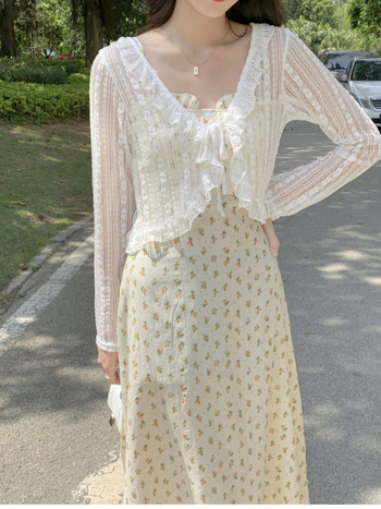 Bluza-cardigan din dantelă subțire pentru vară, poliester 95%+, lungime scurtă 40–50 cm, mâneci lungi, stil japonez-coreean casual, deschidere cu șnur