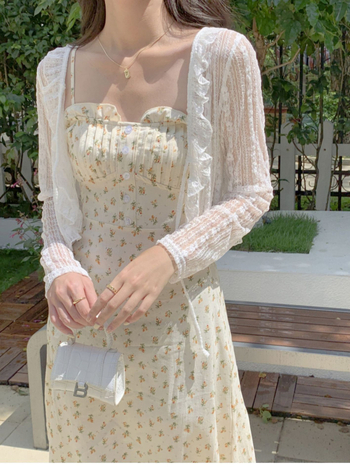 Bluza-cardigan din dantelă subțire pentru vară, poliester 95%+, lungime scurtă 40–50 cm, mâneci lungi, stil japonez-coreean casual, deschidere cu șnur