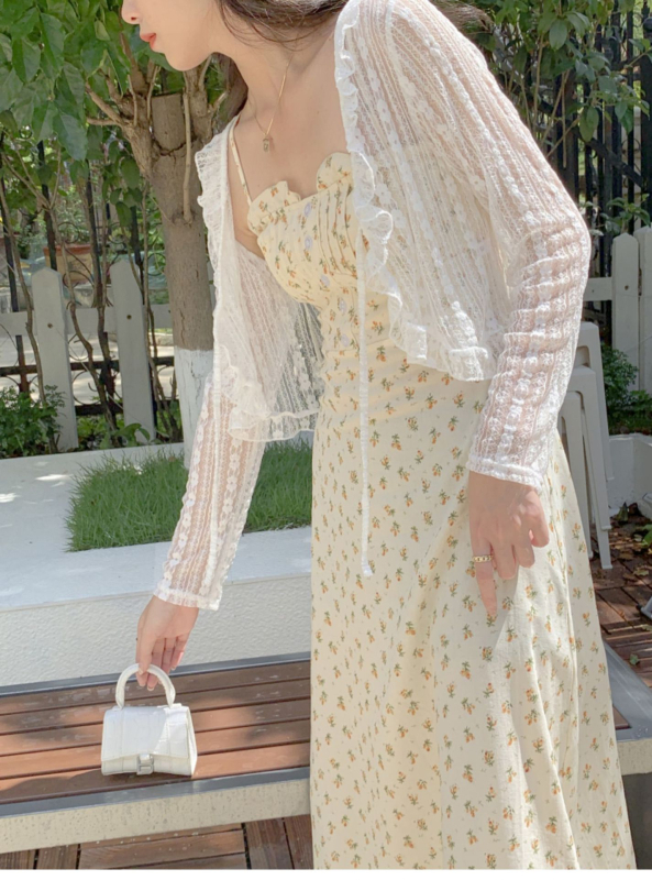 Bluza-cardigan din dantelă subțire pentru vară, poliester 95%+, lungime scurtă 40–50 cm, mâneci lungi, stil japonez-coreean casual, deschidere cu șnur