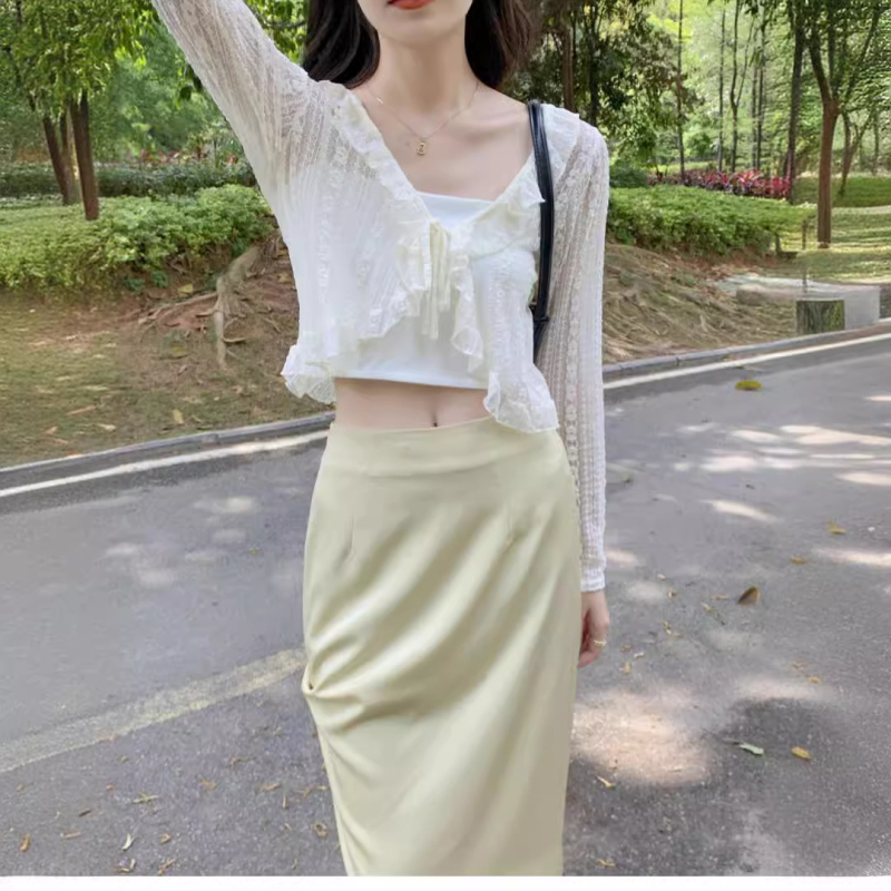 Bluza-cardigan din dantelă subțire pentru vară, poliester 95%+, lungime scurtă 40–50 cm, mâneci lungi, stil japonez-coreean casual, deschidere cu șnur