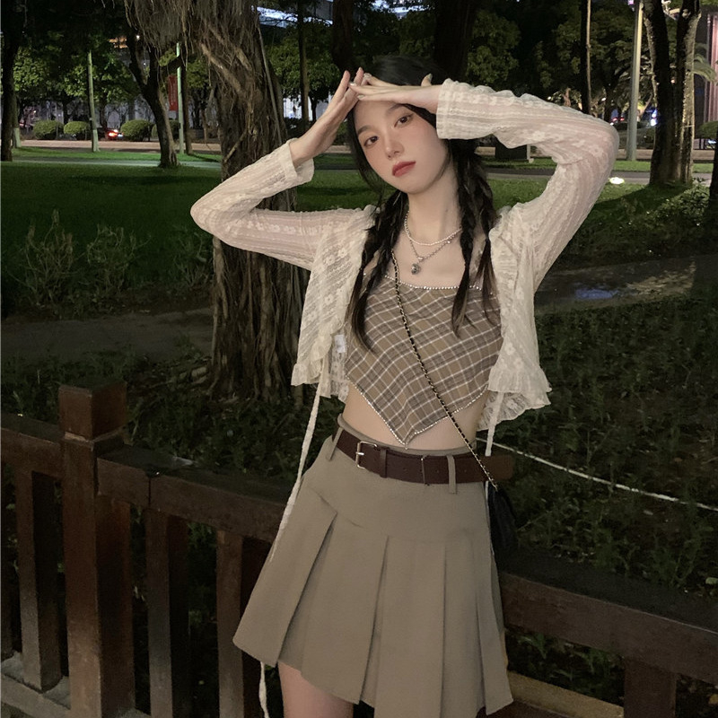 Bluza-cardigan din dantelă subțire pentru vară, poliester 95%+, lungime scurtă 40–50 cm, mâneci lungi, stil japonez-coreean casual, deschidere cu șnur