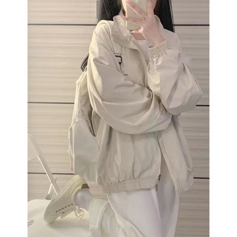 Geacă din Oxford, culoare uni, croială lejeră, mâneci lungi, guler rotund cu fermoar, toamnă 2023, stil urban elegant pentru uz zilnic