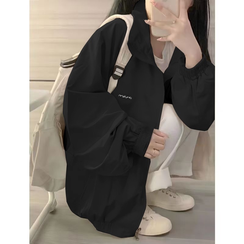 Geacă din Oxford, culoare uni, croială lejeră, mâneci lungi, guler rotund cu fermoar, toamnă 2023, stil urban elegant pentru uz zilnic