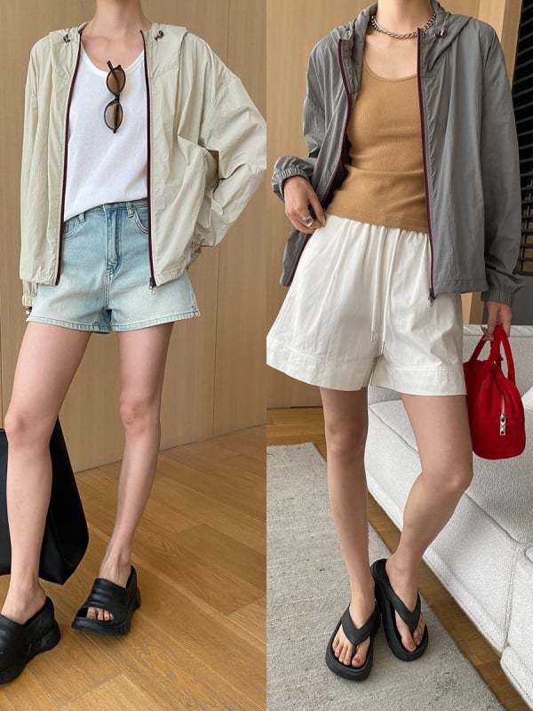 Palton din nylon cu glugă, fermoar dublu, grosime medie, croială lejeră, mâneci lungi