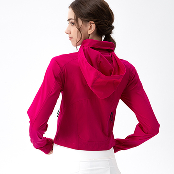 Geacă de exterior pentru femei cu glugă, rezistentă la vânt, lungi — respirabilă, uscare rapidă, material nylon-spandex 90/10, UPF50+