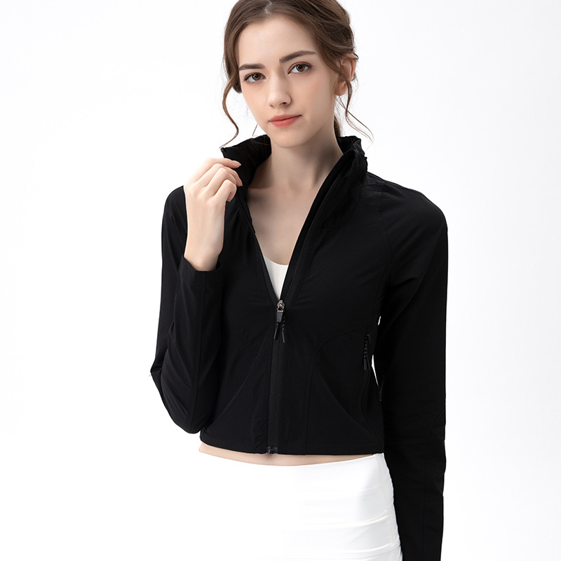 Geacă de exterior pentru femei cu glugă, rezistentă la vânt, lungi — respirabilă, uscare rapidă, material nylon-spandex 90/10, UPF50+