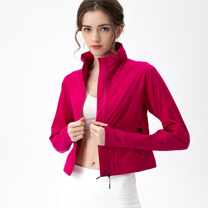 Geacă de exterior pentru femei cu glugă, rezistentă la vânt, lungi — respirabilă, uscare rapidă, material nylon-spandex 90/10, UPF50+