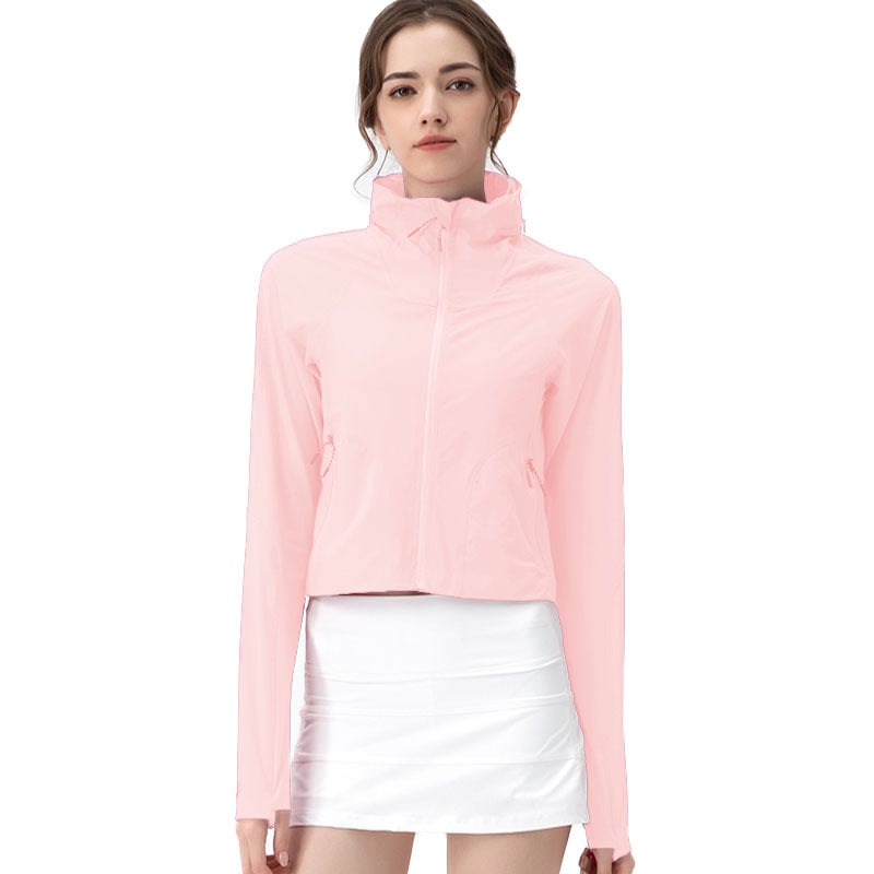 Geacă de exterior pentru femei cu glugă, rezistentă la vânt, lungi — respirabilă, uscare rapidă, material nylon-spandex 90/10, UPF50+