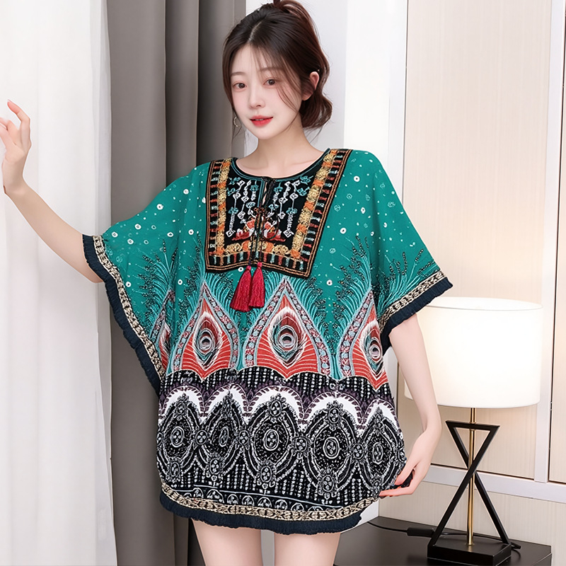 Bluza s bat rukavom u etničkom stilu, 3/4 rukav, 95% viskozna vlakna, UPF30+, lagana tkanina