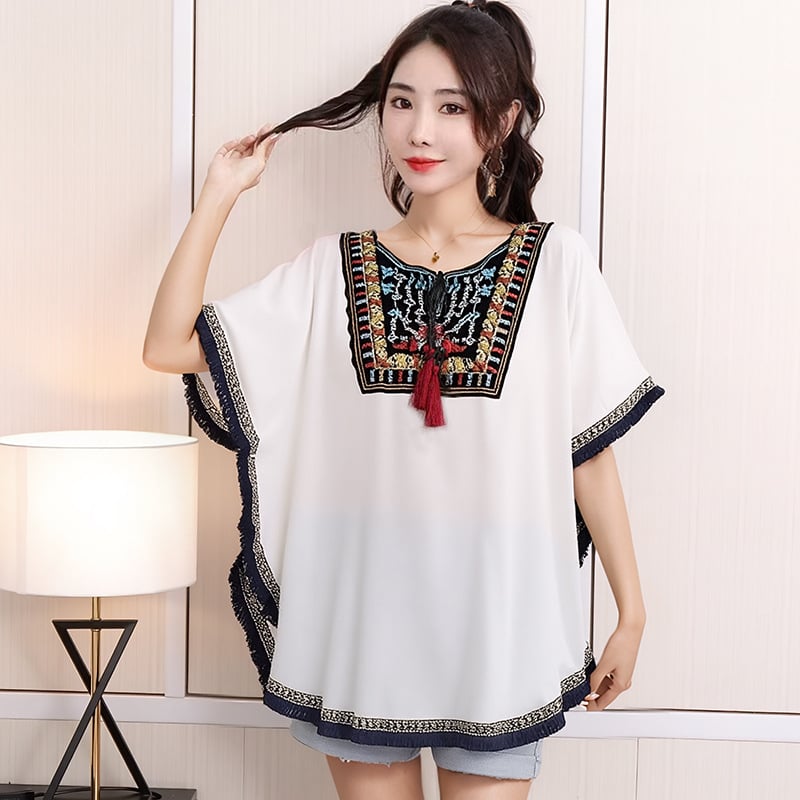 Bluza s bat rukavom u etničkom stilu, 3/4 rukav, 95% viskozna vlakna, UPF30+, lagana tkanina