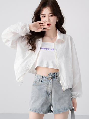 Palton de protecție solară pentru femei, vară — guler înalt, fermoar, mâneci lungi, poliester ușor, croială relaxată