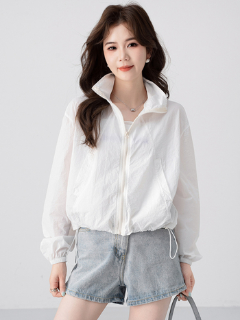 Palton de protecție solară pentru femei, vară — guler înalt, fermoar, mâneci lungi, poliester ușor, croială relaxată