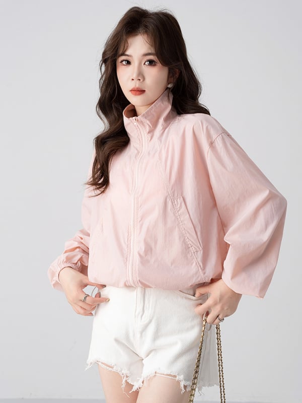 Palton de protecție solară pentru femei, vară — guler înalt, fermoar, mâneci lungi, poliester ușor, croială relaxată