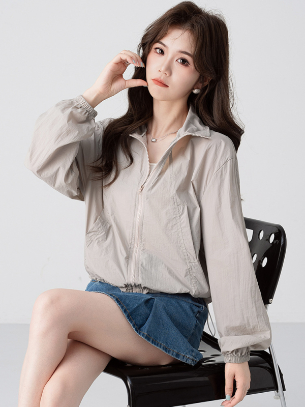 Palton de protecție solară pentru femei, vară — guler înalt, fermoar, mâneci lungi, poliester ușor, croială relaxată