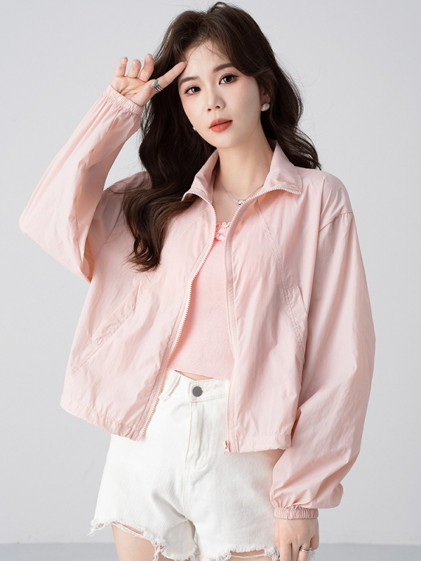 Palton de protecție solară pentru femei, vară — guler înalt, fermoar, mâneci lungi, poliester ușor, croială relaxată