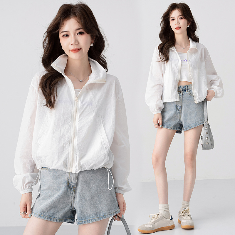 Palton de protecție solară pentru femei, vară — guler înalt, fermoar, mâneci lungi, poliester ușor, croială relaxată