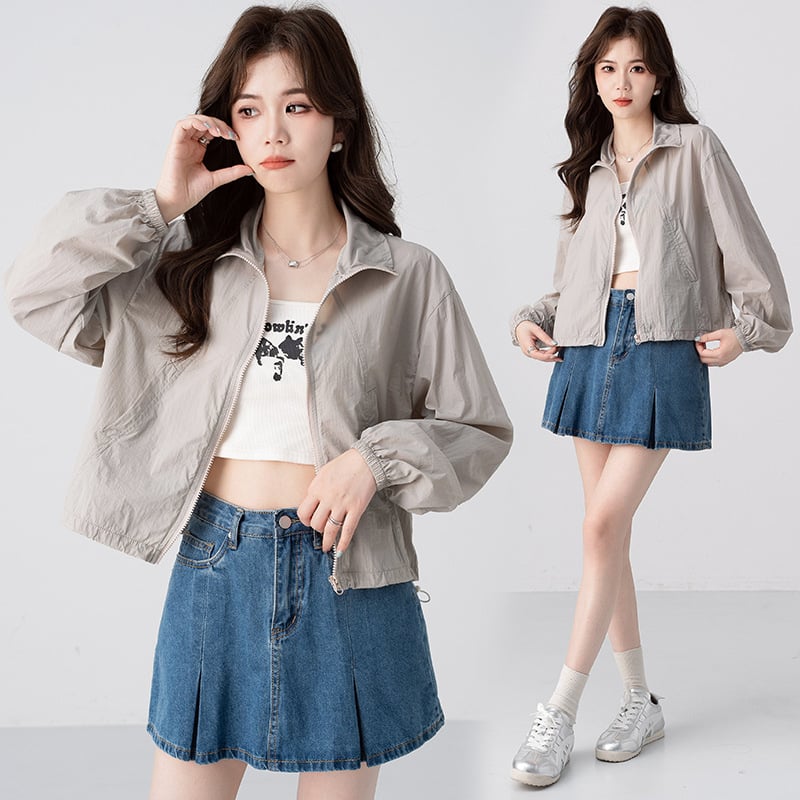 Palton de protecție solară pentru femei, vară — guler înalt, fermoar, mâneci lungi, poliester ușor, croială relaxată