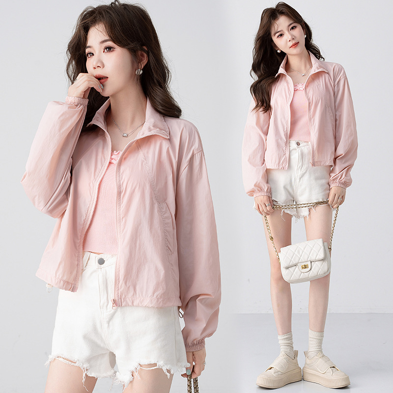 Palton de protecție solară pentru femei, vară — guler înalt, fermoar, mâneci lungi, poliester ușor, croială relaxată