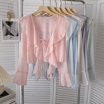 Plus veličine šifonska bluza s volanima, zaštita od sunca, dugi rukav, vanjski kardigan stil baby-doll