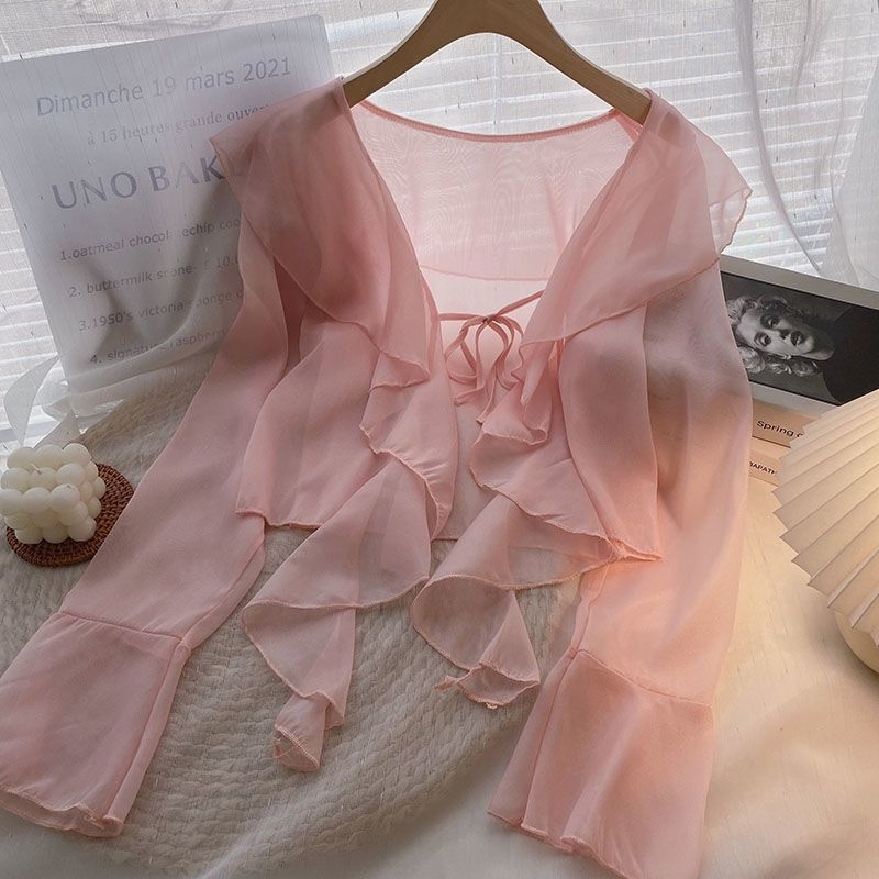 Plus veličine šifonska bluza s volanima, zaštita od sunca, dugi rukav, vanjski kardigan stil baby-doll
